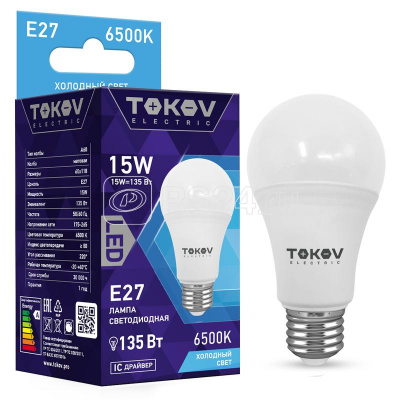Лампа светод. LED А60 15Вт Е27 6500К TOKOV ELECTRIC ТКЕ-A60-E27-15-6.5K
